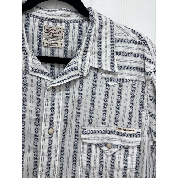 LUCKY BRAND Western White Blue Pearl Snap Sz M Cotton Native Striped Americana - Picture 2 of 7